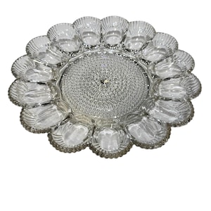 Indiana Pressed Glass Deviled Egg Platter 15 Egg Hobnail Round Server Vintage Relish Tray
