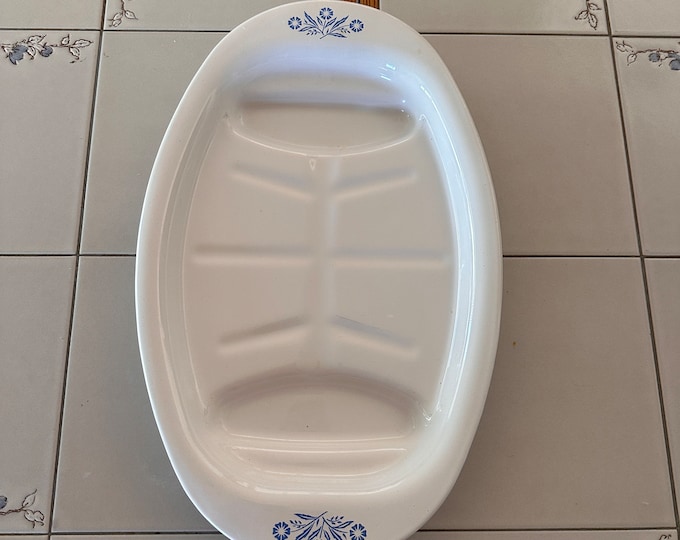Vintage Cornflower Blue Corning Ware Oval Roaster: 16.5 Inch Mid-Century Platter