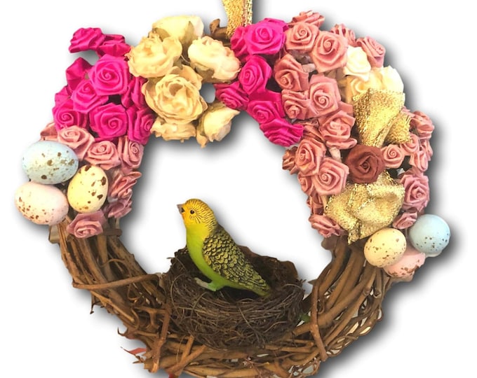 Handmade Mini Floral Wreath: Cottage Core Silk Rose & Bird Decor