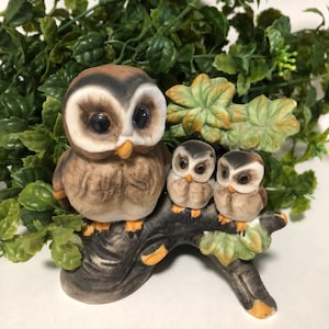 Homco Owl Family Figurine: Bisque Porcelain Bird Decor