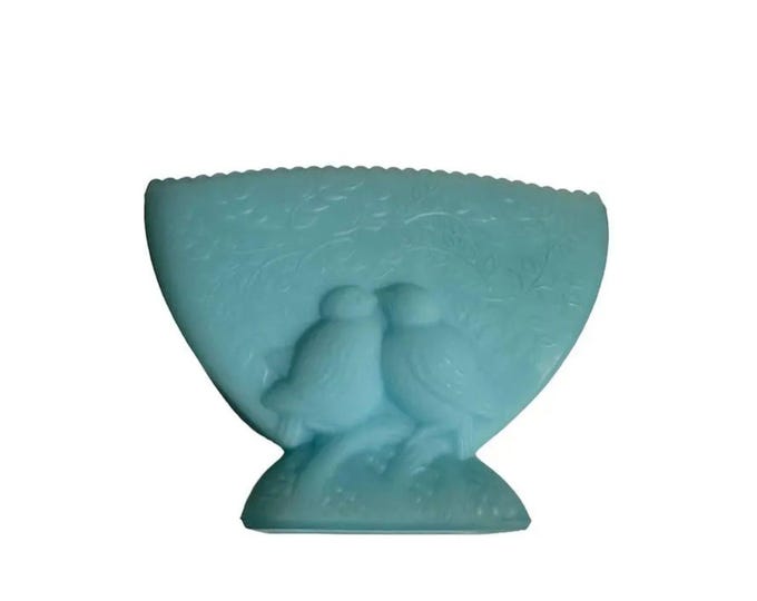 Vintage Fenton Blue Satin Glass Fan Vase with Embossed Love Birds | 1970s Collectible Decor