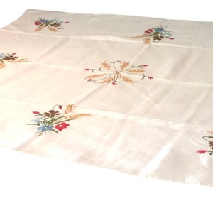 Vintage Table Linen Tablecloth Hand Embroidered Floral Table Cloth 56 x 54 Inches Rectangular