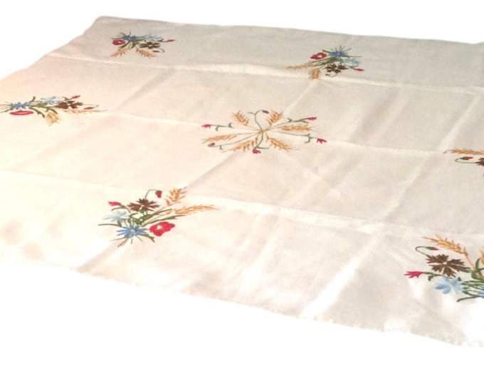 Vintage Table Linen Tablecloth Hand Embroidered Floral Table Cloth 56 x 54 Inches Rectangular