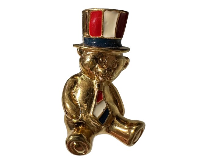 Avon Patriotic Teddy Bear Brooch: Red White Blue Gold Tone Pin