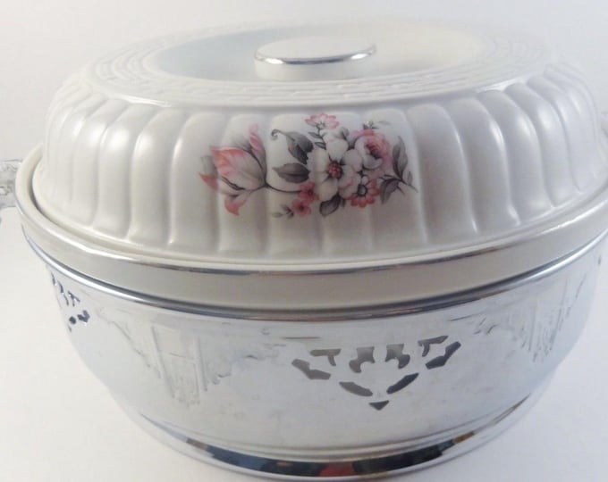 Hall China Floral Casserole Dish with Chrome Holder - Forman Family Stoneware Bakeware