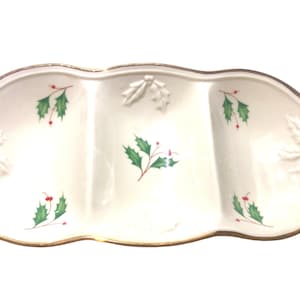 Lenox Holiday China Divided Serving Bowl: Christmas Holly Design