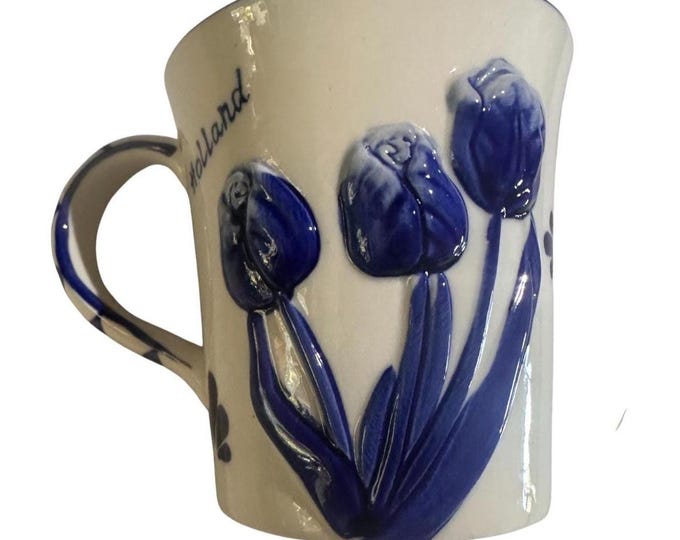 Delft Tulips Pottery Holland Blue and White Coffee Mug Teacup in Relief