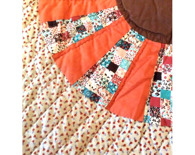 Vintage Hand Quilted Sampler Lap Quilt | Fall Colors Brown And Orange | Farmhouse Style