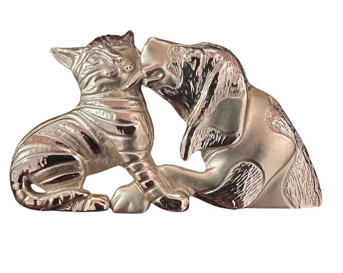 Vintage Silver Tone Cat & Dog Brooch: Adorable Animal Pin, 2.75" Wide
