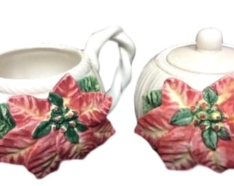 Fitz and Floyd | Cream and Sugar Set | Christmas Holiday Poinsettias Ceramic Gift
