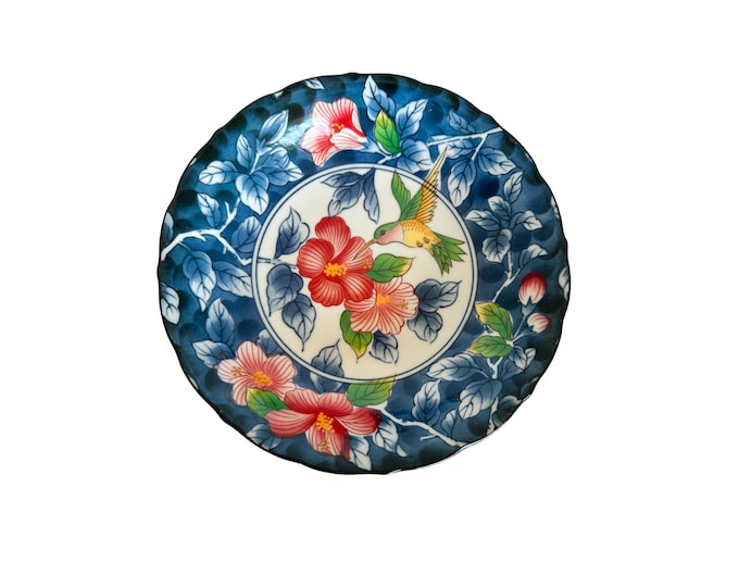Oriental Blue Porcelain Soup Bowls: Hibiscus Flowers & Hummingbird - Set of 2
