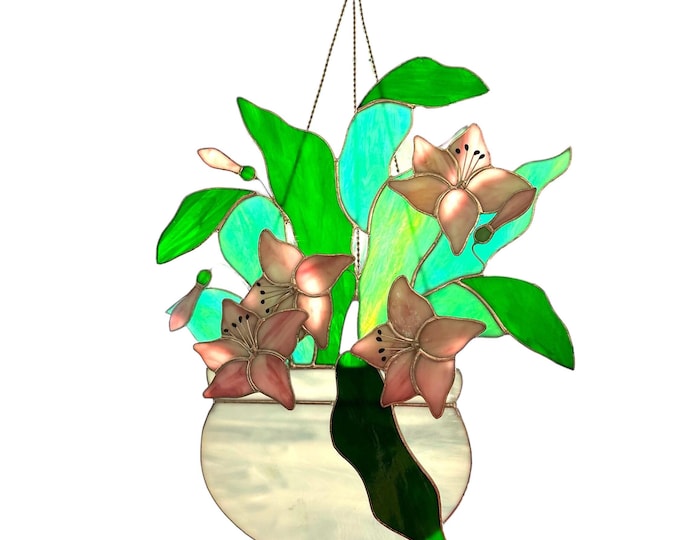 Floral Stained Glass Window Hanging: Pink Lilies Sun Catcher