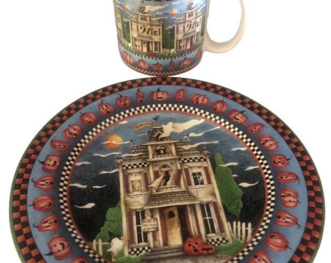 Halloween Favorites Sakura Stoneware Mug & Snack Plate Set: Haunted House Pattern, Debbie Mumm