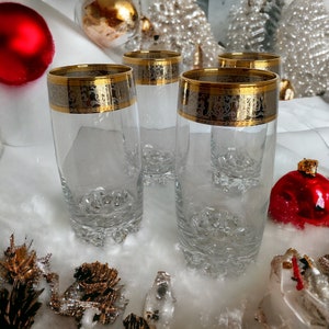Mid Century Bar Glasses: Platinum Gold Floral Encrusted Tumblers, Set of 4