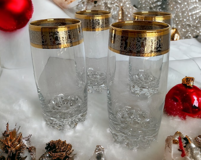 Mid Century Bar Glasses: Platinum Gold Floral Encrusted Tumblers, Set of 4