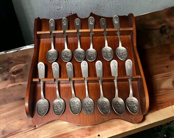 Vintage Historical Pewter Spoon Collection and Wall Rack 1970s