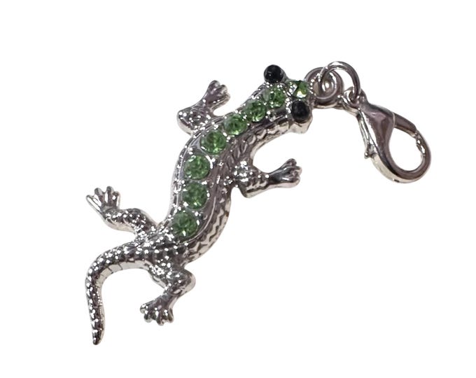 Rhinestone Gecko Charm: Silver-Tone Lizard, Green & Red Accents