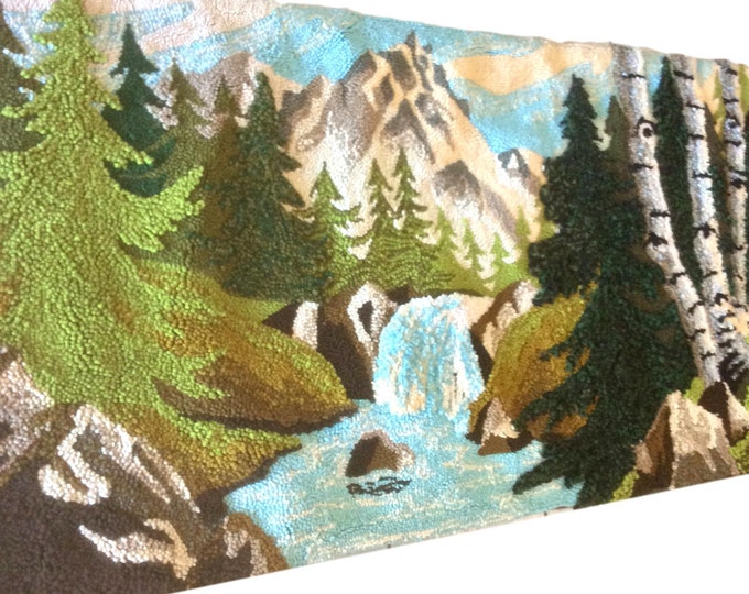 Vintage Scenic Mountain Waterfall Latch Hook Rug Wall Hanging or Area Rug 36" x 72" Hand Made Tapestry, Pine Trees, Aspen, 3D Effect