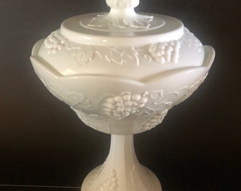 Party Candy Dish Milk Glass Pedestal Server, Embossed Grapes, White Vintage
