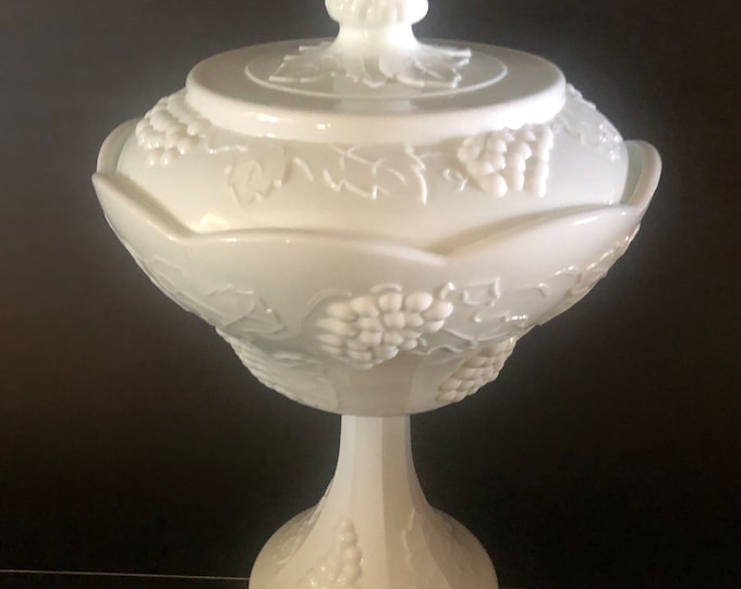 Harvest Colony Milk Glass Covered Pedestal Candy Dish