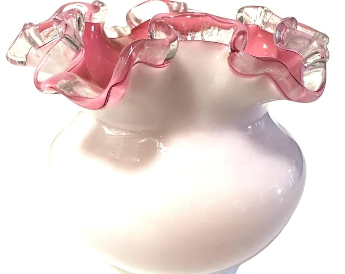 Fenton Pink Glass Vase, opalescent glass, ruffled edges, small white accent