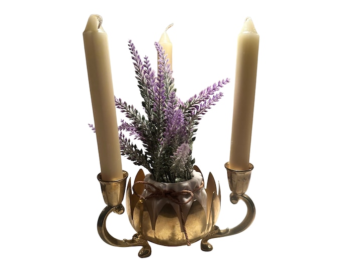F.B. Rogers Brass Lotus Bowl Centerpiece Triple Candlestick Holder Table Decor Floral Arrangement