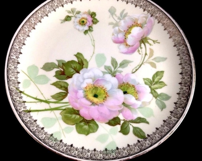 Vintage Plate, Hand Painted Pink Roses, Gold Trim