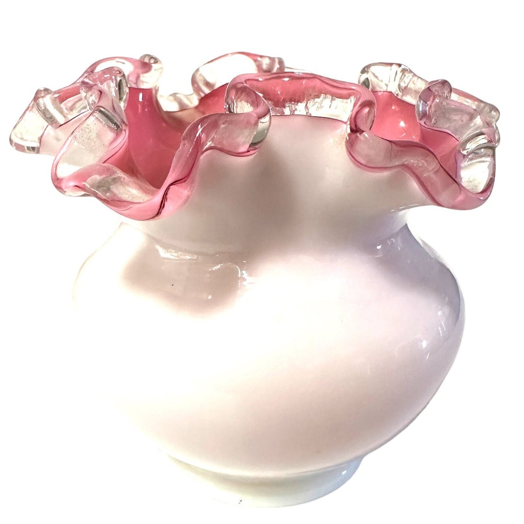 フェントン　Fenton ピーチクレスト　フラワーベース Vintage Fenton Art Glass Peach Pink White Silver Crest Ruffled