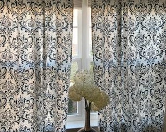 Free Shipping! Gray  steel  damask and white curtains, damask