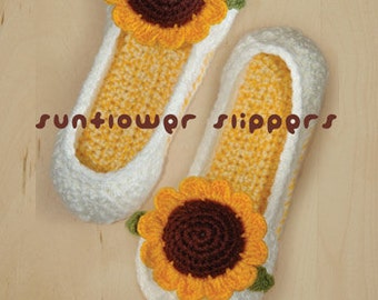 Sunflower Crochet adult shoe pattern for women - Crochet pattern slipper woman size 5 6 7 8 9 10 Sunflower crochet applique digital download