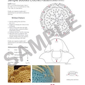 May include: A crochet pattern for booties with instructions and diagrams. The pattern includes a leaf stitch and a sunflower design. The pattern is titled "Sample Booties Crochet Pattern (WINO1-R-PAT)".