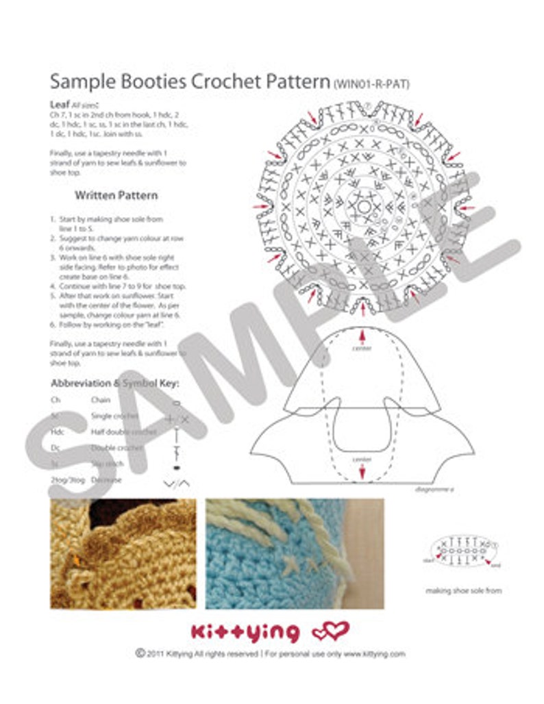 May include: A crochet pattern for booties with instructions and diagrams. The pattern includes a leaf stitch and a sunflower design. The pattern is titled "Sample Booties Crochet Pattern (WINO1-R-PAT)".
