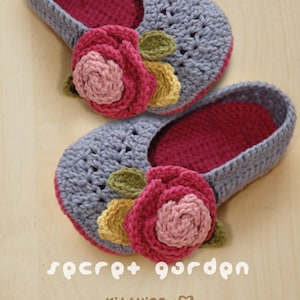 Secret Garden Women House Ballerina CROCHET PATTERN Lady Home Slipper Female Flower Shoes Rose Applique - Women's sizes 5 6 7 8 9 10