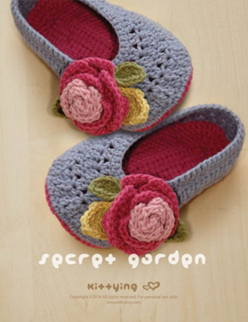 Secret Garden Women House Ballerina CROCHET PATTERN Lady Home Slipper Female Flower Shoes Rose Applique Women's sizes 5 6 7 8 9 10 image 1