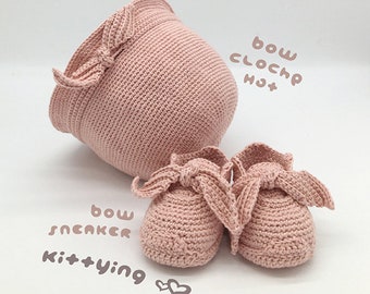 CROCHET PATTERN Hat and Booties Set, Baby Hat, Baby Booties, Bow Sneaker, Newborn Shoe and Baby Cloche Hat, Newborn Crochet Gift Set Pattern
