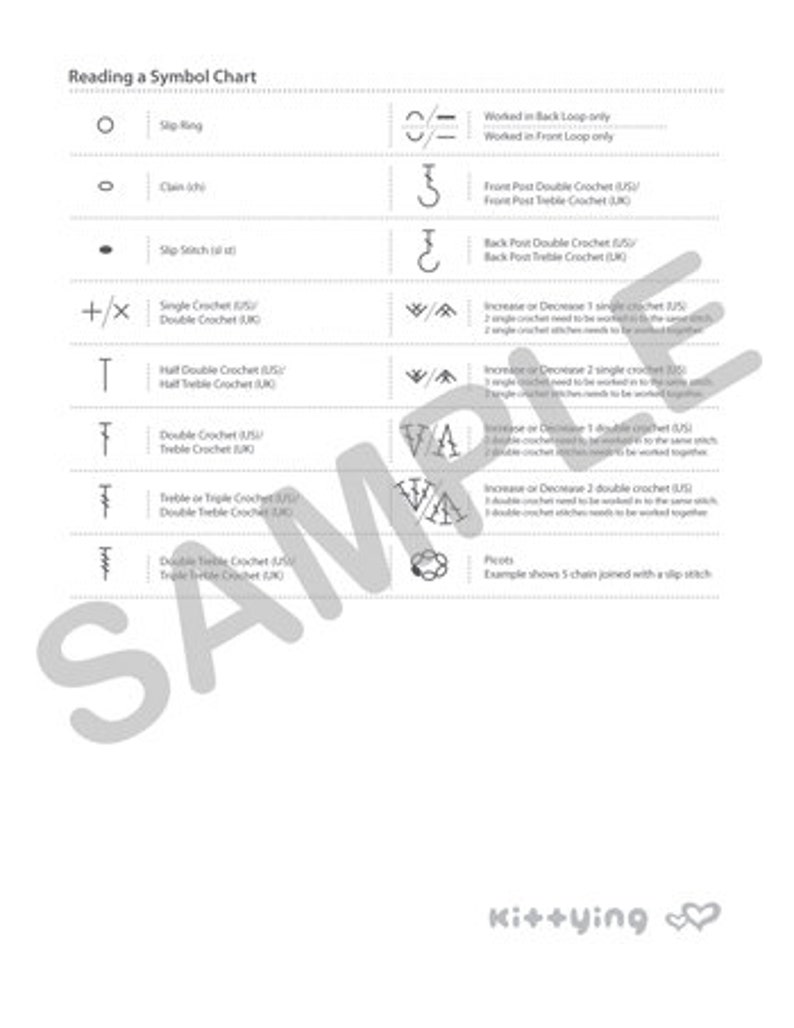 May include: A black and white chart with symbols and text explaining how to read a crochet symbol chart. The chart includes symbols for slip stitch, single crochet, double crochet, half double crochet, treble crochet, and more.