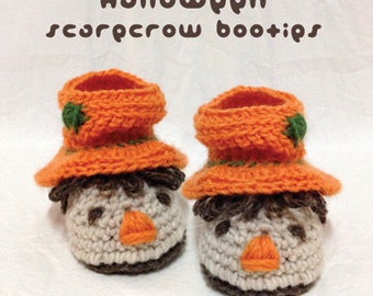 Halloween Slouch Scarecrow Baby Booties Preemie Socks Newborn Shoes CROCHET PATTERN - Orange Black Brown (HSB01-P-PAT)