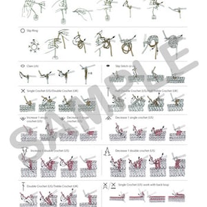 May include: Crochet basic lesson guide with illustrations showing how to make a slip stitch, chain stitch, single crochet, double crochet, half double crochet, treble crochet, increase, decrease, and work with the back loop.