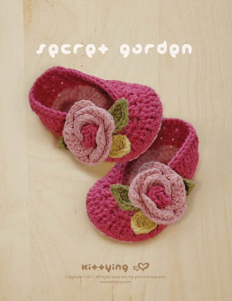 Secret Garden ballerina crochet baby shoe pattern digital download Newborn infant toddler sizes Pink rose applique slip on slippers image 1