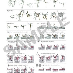 May include: Crochet basic lesson with illustrations showing how to make a slip knot, chain stitch, single crochet, double crochet, increase, decrease, and more.