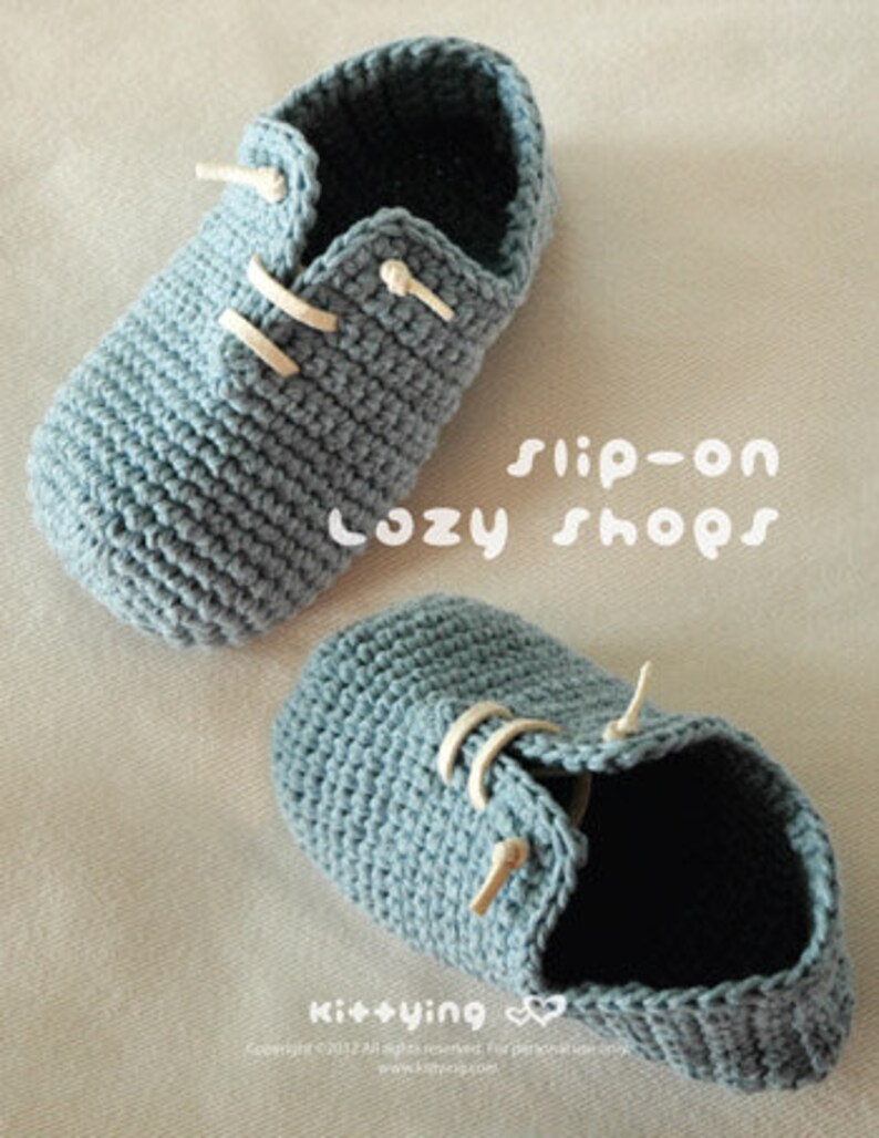 May include: A pair of blue crocheted slip-on shoes with white laces. The shoes are called "Cozy Shops".