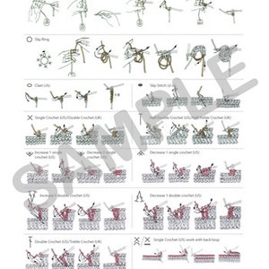 May include: Crochet basic lesson guide with illustrations showing how to make a slip stitch, chain stitch, single crochet, double crochet, half double crochet, treble crochet, increase, decrease, and work with the back loop.
