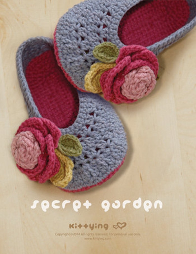 Secret Garden Women House Ballerina CROCHET PATTERN Lady Home Slipper Female Flower Shoes Rose Applique Women's sizes 5 6 7 8 9 10 image 2