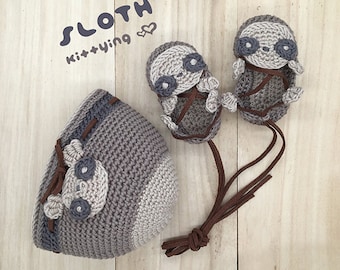 CROCHET PATTERN Hat and Booties Set, Sloth Sandals, Sloth Beanie, Sloth Newborn Shoe, Flats, Cloche, Newborn Crochet Gift Set Patterns