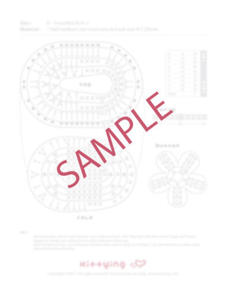 May include: A white paper with a detailed diagram of a crochet pattern, featuring oval shapes and a flower-like design. The word "SAMPLE" is printed diagonally across the image in red.
