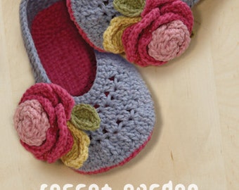 PATRÓN DE CROCHET Adulto Jardín Secreto Mujeres Casa Bailarina Señora Zapatilla de Casa Mujer Zapatos de Flores Apliques de Rosa Mujeres Tallas 5 - 10