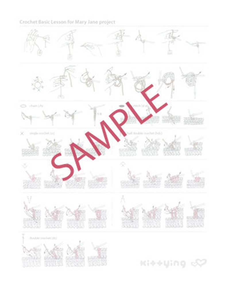 May include: A white paper with crochet instructions and diagrams. The text "Crochet Basic Lesson for Mary Jane project" is at the top. The word "SAMPLE" is printed diagonally across the page in red. The bottom right corner has the text "kittyying".