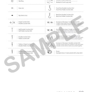 May include: A black and white chart with crochet symbols and their corresponding names. The chart includes symbols for slip stitch, single crochet, double crochet, half double crochet, treble crochet, and more. The chart also includes symbols for working in the front or back loop, increasing or decreasing stitches, and picots.