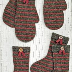 May include: A set of knitted mittens and socks in a red and green striped pattern. Each item has a dark green cuff with a wooden button and a red ribbon. The mittens and socks are made of a textured material.