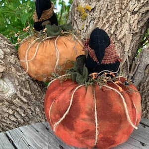 Puede incluir: Dos calabazas de fieltro hechas a mano con figuritas de cuervos negros en la parte superior. Las calabazas son de color naranja y rojo con un acento de cuerda rústica. Los cuervos llevan tela de cuadros alrededor del cuello.